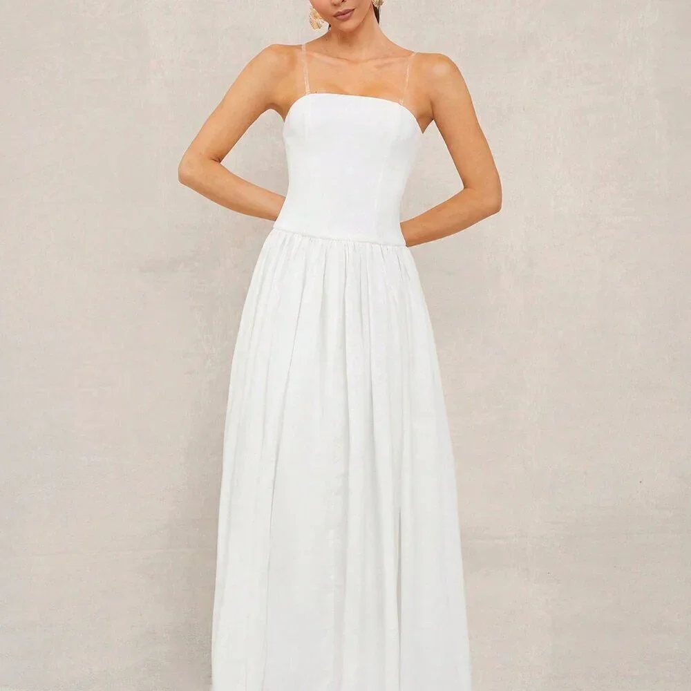 White Boho Women's Beach Vacation Long Dress With Bandeau Top - Picture 3 of 7